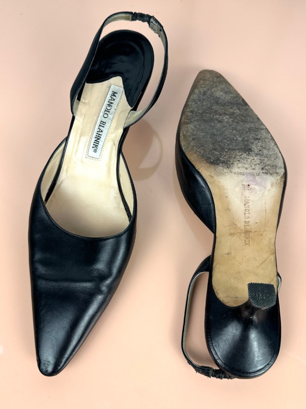 Vintage Manolo Blahnik Black Leather Pointed Toe Slingback Heels EU 39 - Picture 16 of 16